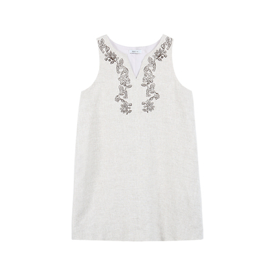 Maven Lin 重工刺绣V领1OO亚麻连衣裙女复古宽松显瘦无袖背心裙