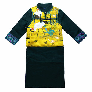 2025男童冬季新品加厚唐装长袍马甲两件套装黄马褂周岁抓周生日鹤