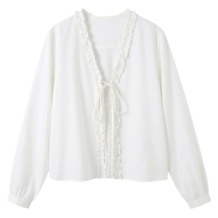 DIGBUTY独步漫游'独特漂亮巨好看衬衫女白色法式风木耳边蝴蝶结春