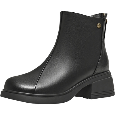 天美意复古厚底英伦切尔西靴加绒短靴女鞋子时装靴皮靴2025冬新款