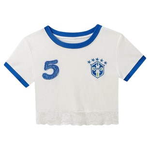 LVKFHOIUKRI 初夏青春名媛撞色领袖下摆蕾丝装饰超短款短袖T恤