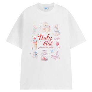 甜美风童趣卡通印花短袖T恤女夏季宽松oversize奶白色减龄上衣