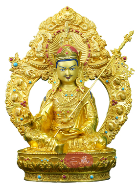 莲花生大师佛像纯铜鎏金带背光