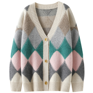 上身就是一种享受！重磅100%山羊绒衫毛圈工艺菱形格花色开衫外套