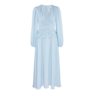 韩语琳/绝美浅蓝色V领长袖连衣裙女2025秋春巨好看温柔仙女长裙