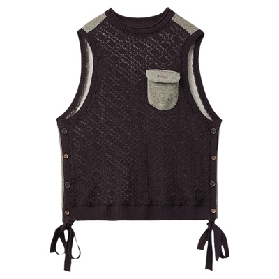 茄紫色毛织针织拼接绑带刺绣马甲