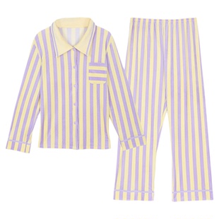 芬狄诗睡衣女水晶绒条纹翻领开衫宽松长袖家居服套装春秋FL00444