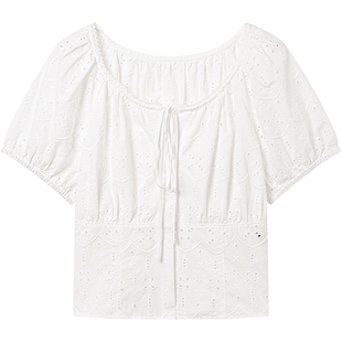 KBNE镂空短袖女装白色方领泡泡袖小衫雪纺衫2025夏季新款衬衫上衣