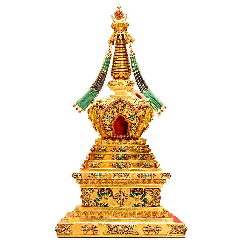 释迦族手工铜鎏金雕花宝塔摆件
