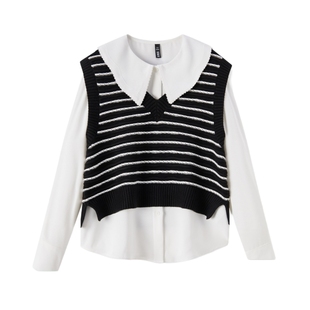 森马长袖衬衫女大翻领雪纺衬衣短背心俏皮可爱春季宽松两件套气质