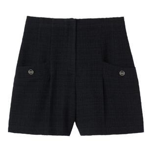 SANDRO Outlets秋冬女装法式经典款黑色高腰微喇斜纹粗花呢短裤