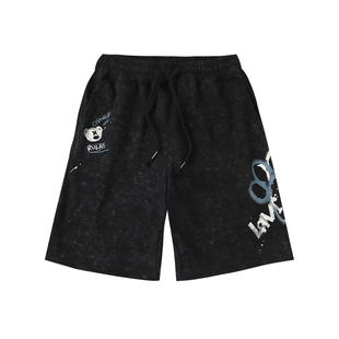 LAMLICKA熊掌仿水洗黑色短裤男宽松休闲百搭中裤美式运动五分裤