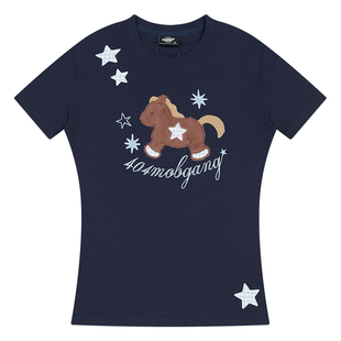 404MOB毛绒小马创意刺绣修身短袖T恤女2026夏正肩显瘦短款辣妹潮t