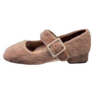 粗跟中跟小香毛毛鞋女豆豆鞋2025秋冬季外穿低跟玛丽珍加绒棉单鞋