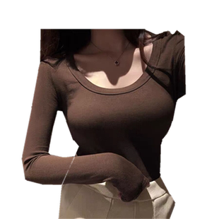螺纹打底衫女长袖纯色内搭修身低领上衣2025秋冬新款百搭u领T恤女