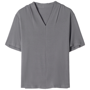 旺秋2025夏新款100%真丝t恤女加捻桑蚕丝针织短袖雅致V领宽松上衣