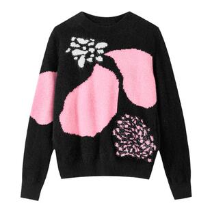 佧茜文柔软羊毛针织衫潮流冬季新款圆领撞色亮丝嵌花拼接毛衣女