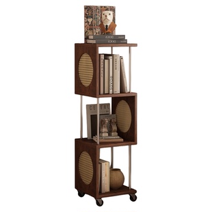 中古风实木书架落地置物架一体靠墙转角书柜客厅简易可移动窄柜