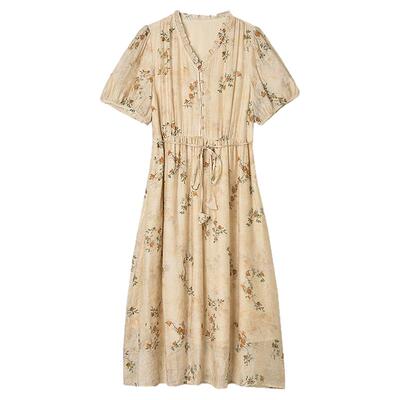 中长裙木耳边V领连衣裙