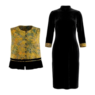 马天奴2026春新款国风印花马甲长袖连衣裙子两件套装气质时尚女装