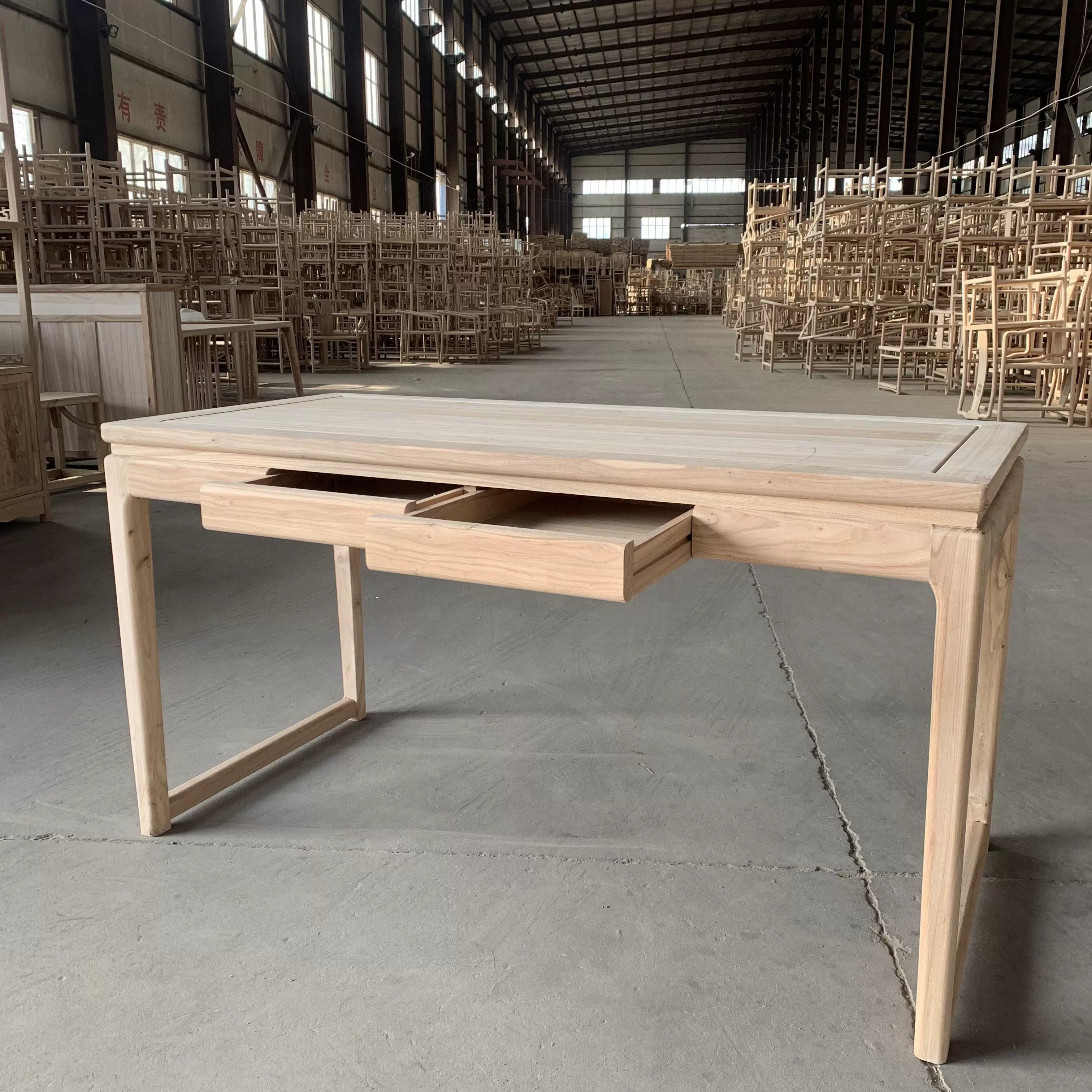 北榆木书桌书桌新中式办公电脑桌实木家用抽屉桌束腰简易桌白胚