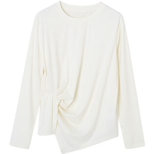 德玛纳莱塞尔设计感扭结圆领T恤女春秋不对称休闲舒适长袖上衣