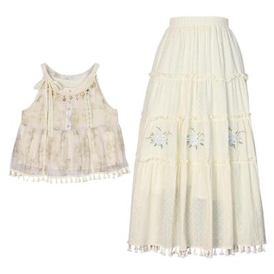 森女部落原创海边波西米亚度假半身裙上衣套装女春秋新款旅游穿搭