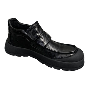 皮鞋男款2025新款冬季加绒保暖一脚蹬乐福鞋黑色真皮厚底高帮棉鞋