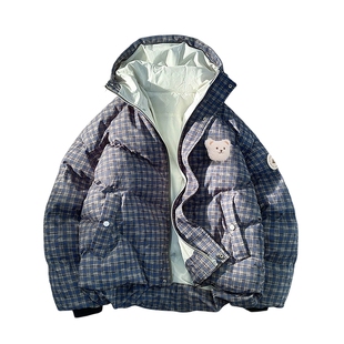 bosie2025年冬季新款美式格纹保暖宽松立领短款棉服棉衣夹克外套