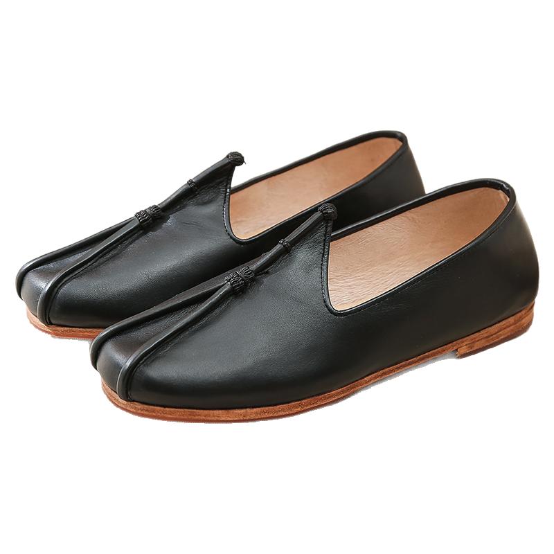 老北京布鞋男皮底皮面圆口鞋牛皮鹰嘴洒鞋中式复古民族风休闲单鞋