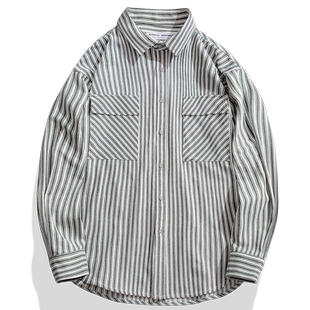 【定织绿白条纹】秋新款衬衫男休闲宽松高级感长袖男士衬衣外套