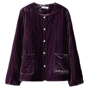 高定 填充100%桑蚕丝国风丝绒棉服外套女新中式真丝圆领保暖棉衣