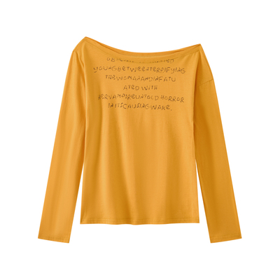 荒荒家 斜肩印花长袖T2026春夏新款小众露肩设计套头字母上衣女