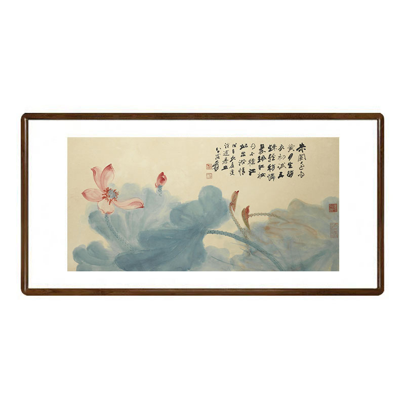 荷花挂画张大千红荷图新中式客厅装饰画茶室餐厅背景墙国画水墨画