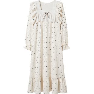 马克公主春秋纯棉波点长袖睡裙甜美公主风睡衣长款法式少女家居服