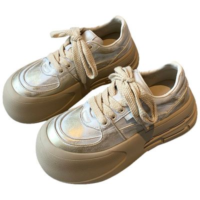 圆头系带厚底板鞋真皮休闲鞋