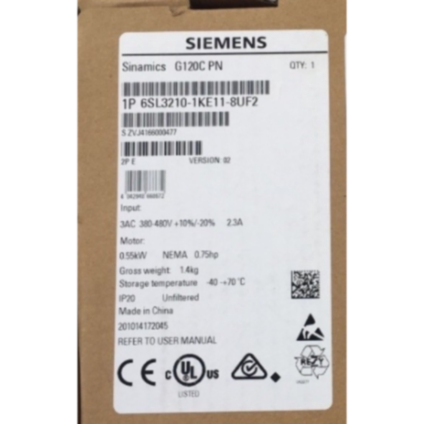 议价6SL3210-1KE11-8UF2西门子G120变频器0.55kW功率6SL32101KE11