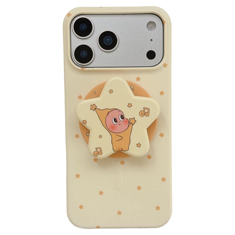 jze 简约米黄色可爱卡通磁吸支架适用苹果17ProMax手机壳菲林iphone15新款16pro女17pro创意14防摔手机套超火