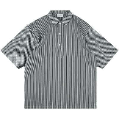 复古黑白条纹宽松免烫polo衫工装