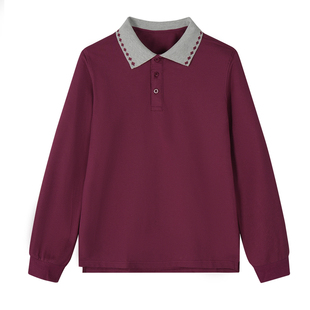 儿童POLO衫深红色T恤长袖春秋宽松女童中小学生酒红校服班服男童