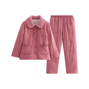 芬腾【抗静电三层夹棉】女士睡衣冬季夹棉袄珊瑚绒套装保暖家居服