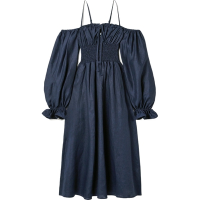 SLEEPER春夏女士挖肩平行绉缝亚麻中长连衣裙