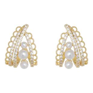 迷度S925银针法式蕾丝金色复古珍珠耳钉高级感气质耳环女轻奢百搭