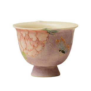 里作紫烟手绘牡丹花高足花口茶杯中式家用茶海创意手工堆绘分茶器