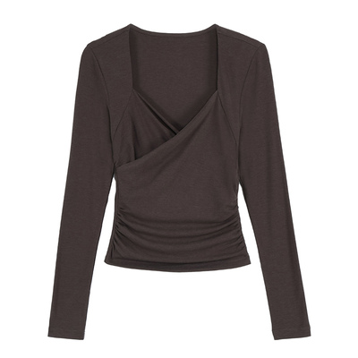 pusumede续以温柔 法式交叉V领针织衫女设计感收腰内搭打底上衣