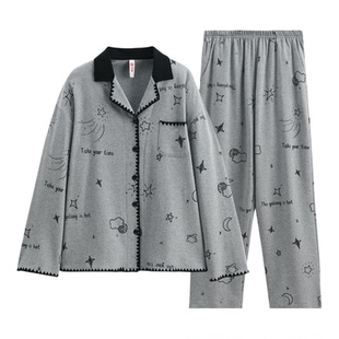 芬腾女士纯棉睡衣春秋季翻领长袖套装时尚休闲大码全棉家居服春天