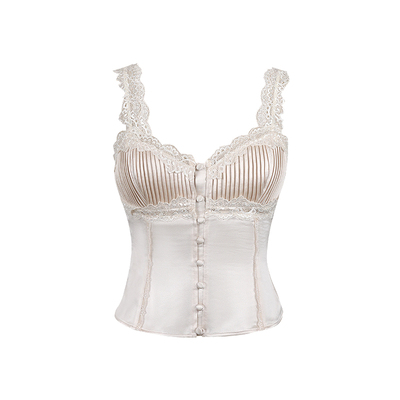 MummyCat下蛋喵【月光珍珠】精致醋酸缎面蕾丝边百褶背心吊带上衣