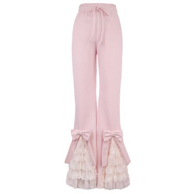 法式少女层层蕾丝显腿长微喇长裤