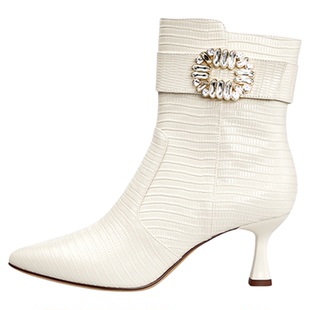 灵梅陈高光鞋钻扣高跟短靴时尚尖头压纹靴子真皮女鞋酒杯跟瘦瘦靴