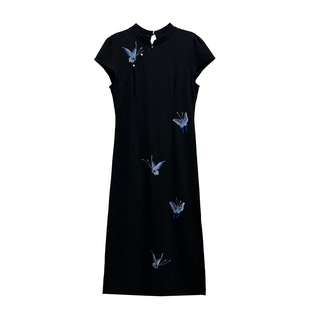 大小姐微胖大码“秘蝶遐想”黑色蝴蝶刺绣新中式改良旗袍连衣裙夏
